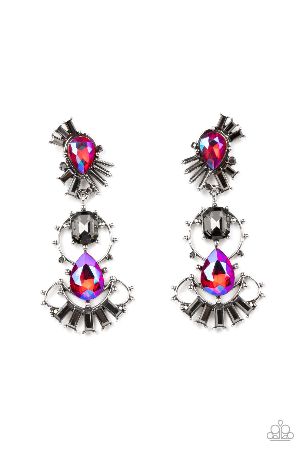 A cosmic collision of iridescent pink teardrop gems and a solitaire smoky emerald cut rhinestone haphazardly adorns studded silver frames. Dotted in round and emerald cut hematite rhinestone accents, the abstract frames stack into a stellar lure. Earring attaches to a standard post fitting. Due to its prismatic palette, color may vary.  Sold as one pair of post earrings.