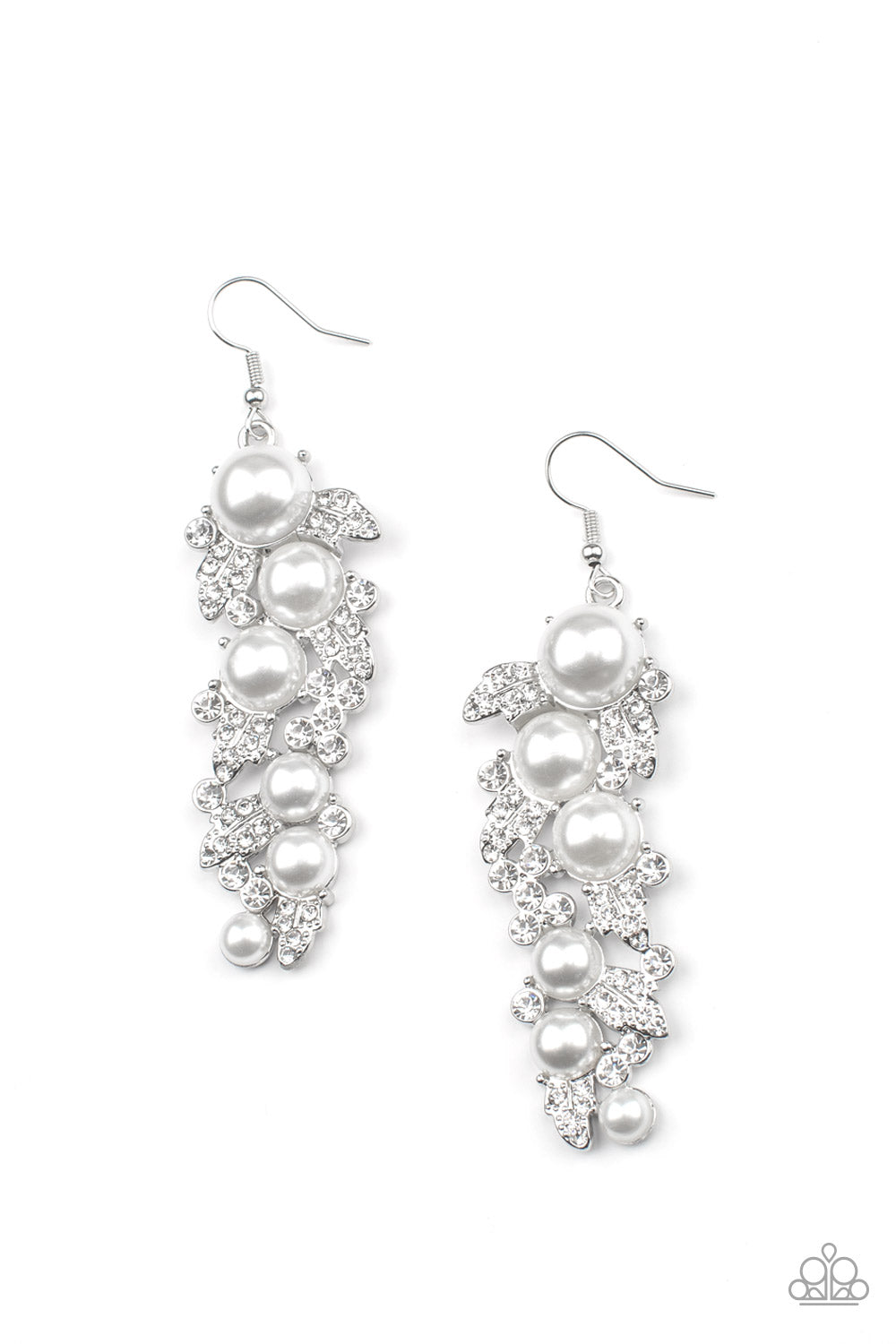 An explosion of glittery white rhinestones and oversized pearls coalesce into an exaggerated leafy silver lure, creating a dramatic statement piece. Earring attaches to a standard fishhook fitting.  Sold as one pair of earrings.
